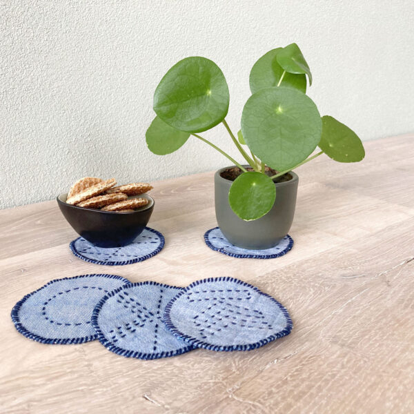 Handmade denim coasters with blue sashiko stitches